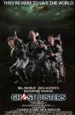The poster for Ghostbusters (1984), featuring actors Harold Ramis, Bill Murray, and Dan Aykroyd in characters looking above.