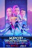 On a platform, members of Huntrix (from left to right: Mira, Rumi, and Zoey) as Demon Hunters, stand on a stage holding combat weapons with a larger digital banner showing them in their normal outfits promoting the band's world tour appearing behind them. The skyline of Seoul, including the N Seoul Tower, is seen in the background.