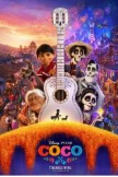 The theatrical release poster depicts the characters Coco, Dante the dog, Miguel, Héctor, Ernesto, and Imelda, clockwise from the bottom left around the white Day of the Dead-styled guitar. The guitar has a calavera-styled headstock with a small black silhouette of Miguel, who is carrying a guitar, and the dog Dante at the bottom. The neck of the guitar splits the background with their village during the day on the left and at night with fireworks on the right. The film's logo is below the poster with the "Thanksgiving" release date.